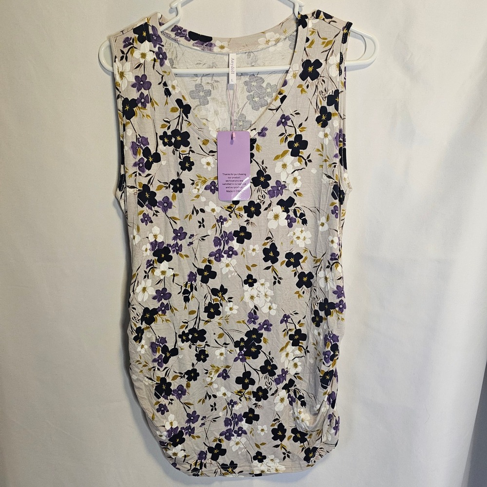 Anydoll‎ L Floral Sleeveless V Neck Ruched Tank Top Women Beige Purple